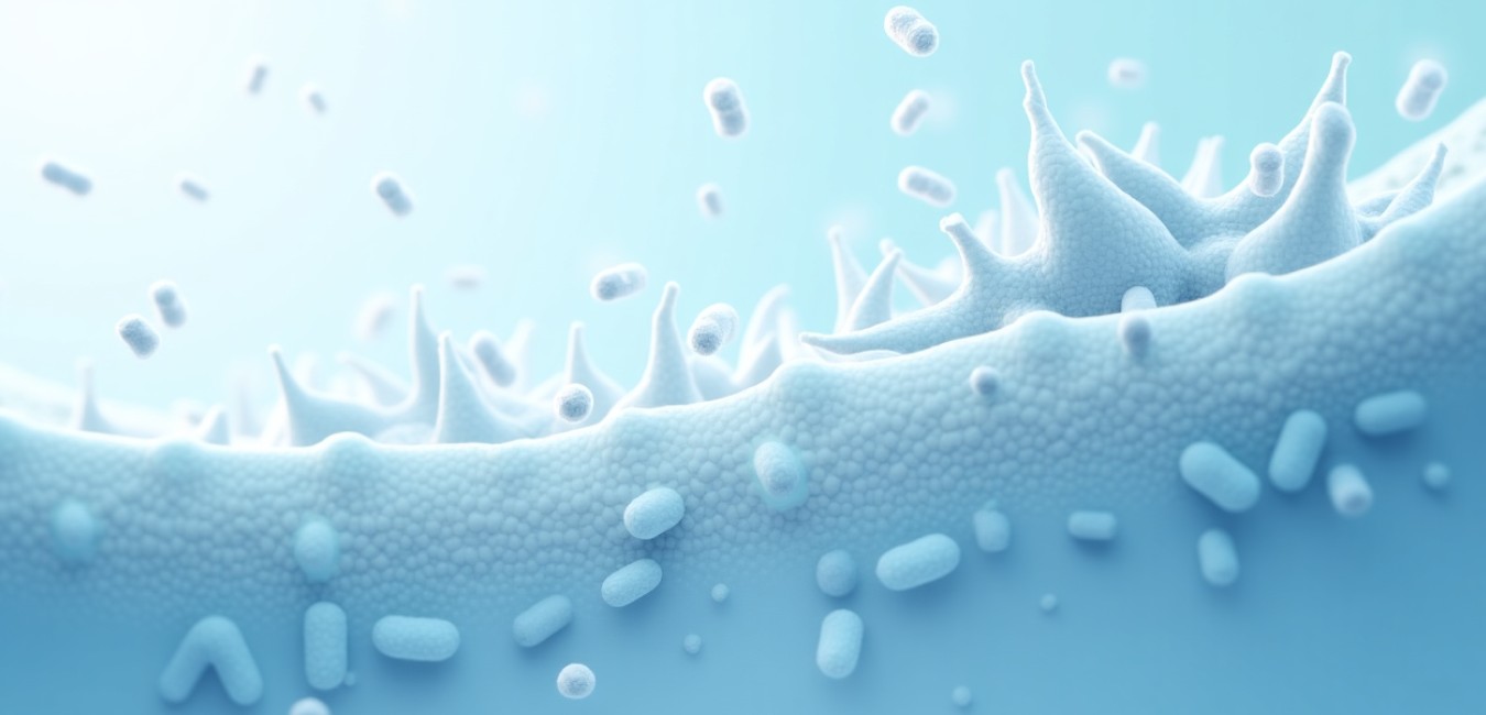 Wizualizacja procesu rozpadu biofilmu bakteryjnego pod wpływem leku, ukazana w przekroju poprzecznym w sterylnej, medycznej estetyce.